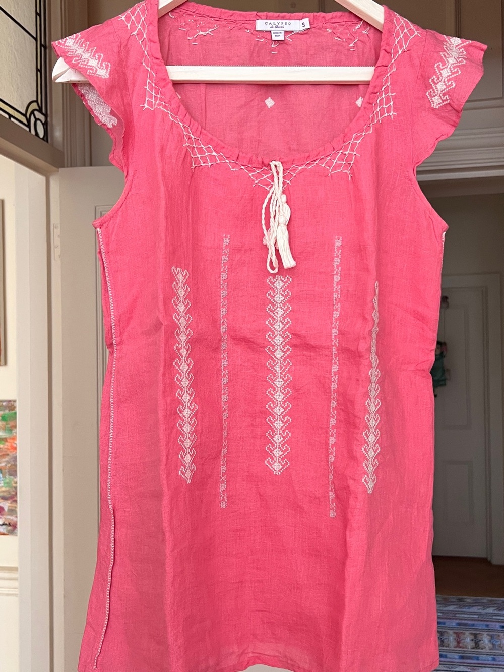 Calypso St. Barth Coral Pink Embroidered Cotton Tunic